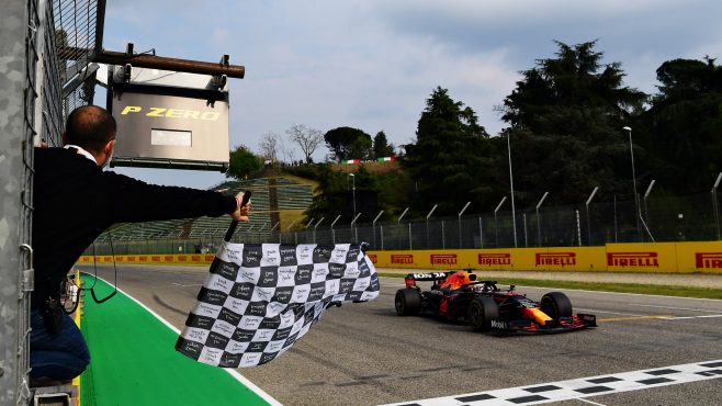 Max taking chequered flag at Formula 1, Imola GP, 2022.